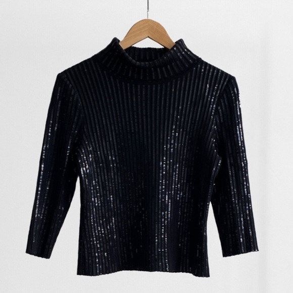 St. John Evening | Vintage Turtleneck Sequin Black Top - Picture 1 of 7